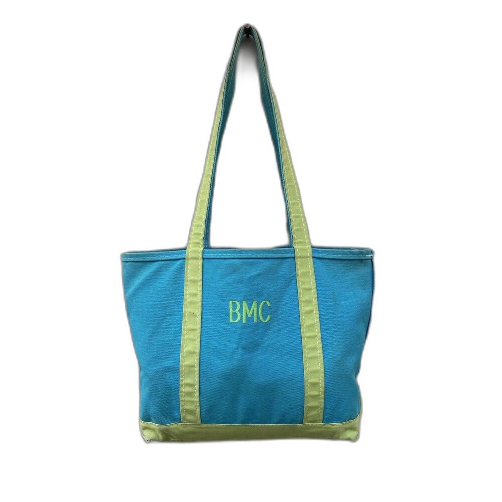 Vintage L.L. Bean Boat Tote Bag Blue Green Canvas 16x11 USA Made Long Handles